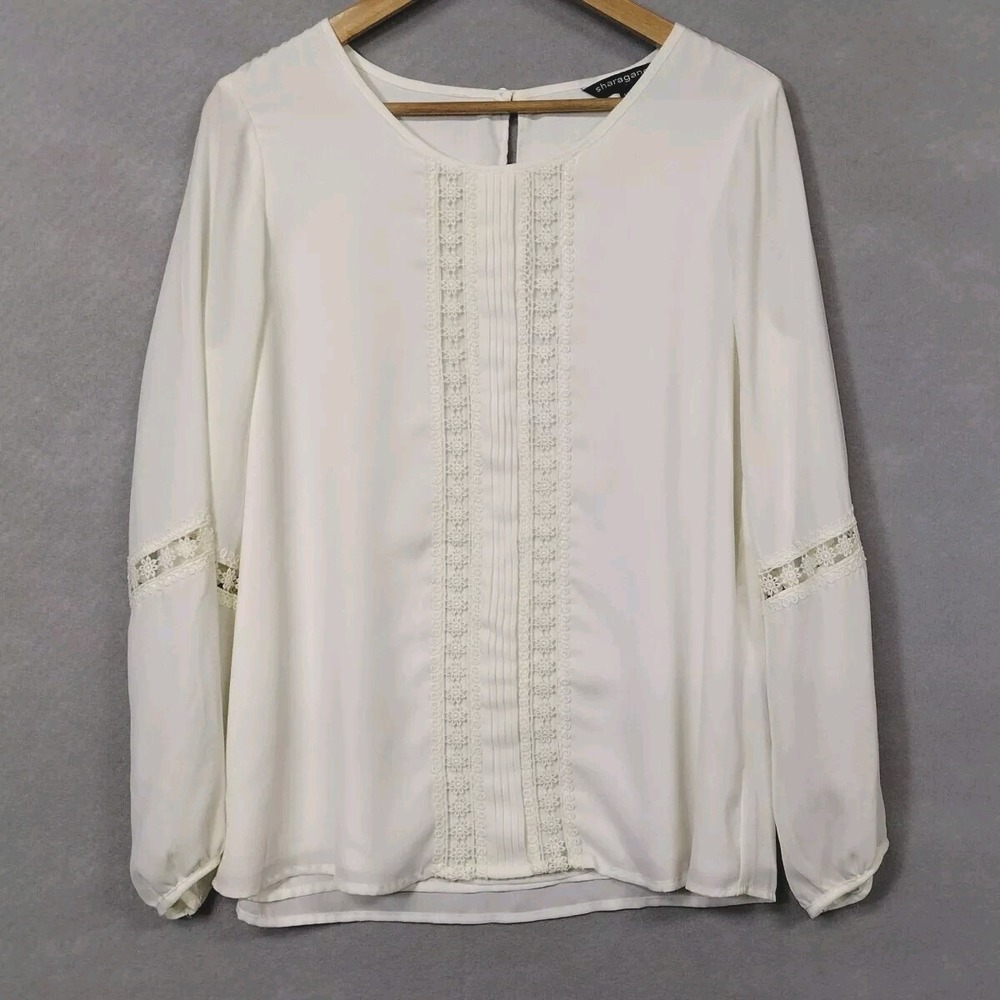 Sharagano Boho Blouse Women's M Ivory Peasant Top Long Sleeve Lace Accent Gypsy